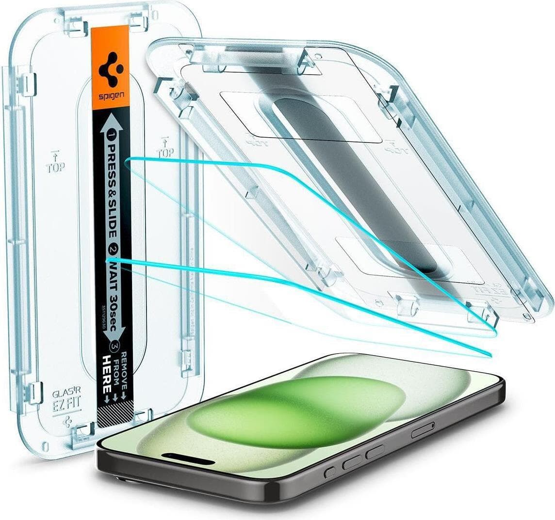2 броя стъклени защитни покрития за дисплея на iPhone 15 Plus - Spigen Glas.tR EZ Fit Tempered Glass 2 Pack (прозрачен)