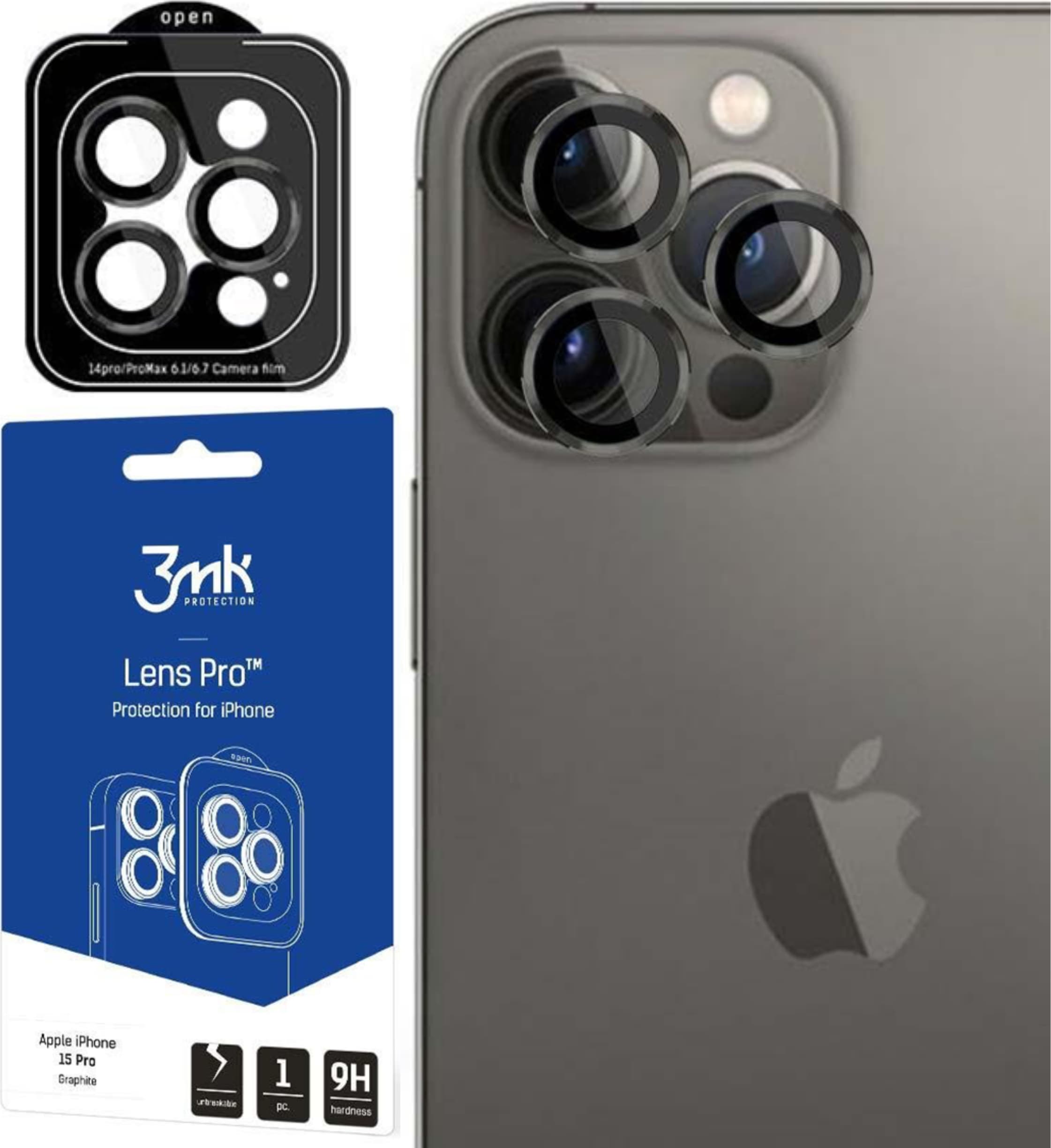 Предпазни стъклени лещи за камерата на iPhone 15 Pro - 3MK Lens Pro Tempered Glass Lens Protector (тъмносив)