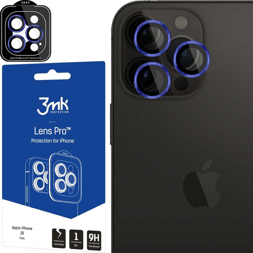 Предпазни стъклени лещи за камерата на iPhone 15 Pro Max - 3MK Lens Pro Tempered Glass Lens Protector (тъмносин)