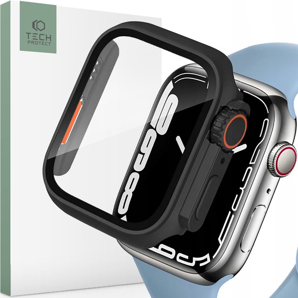 Качествен твърд кейс с вграден стъклен протектор за дисплея на Apple Watch 45мм - Tech-Protect Defense 360 Case (черен-оранжев)
