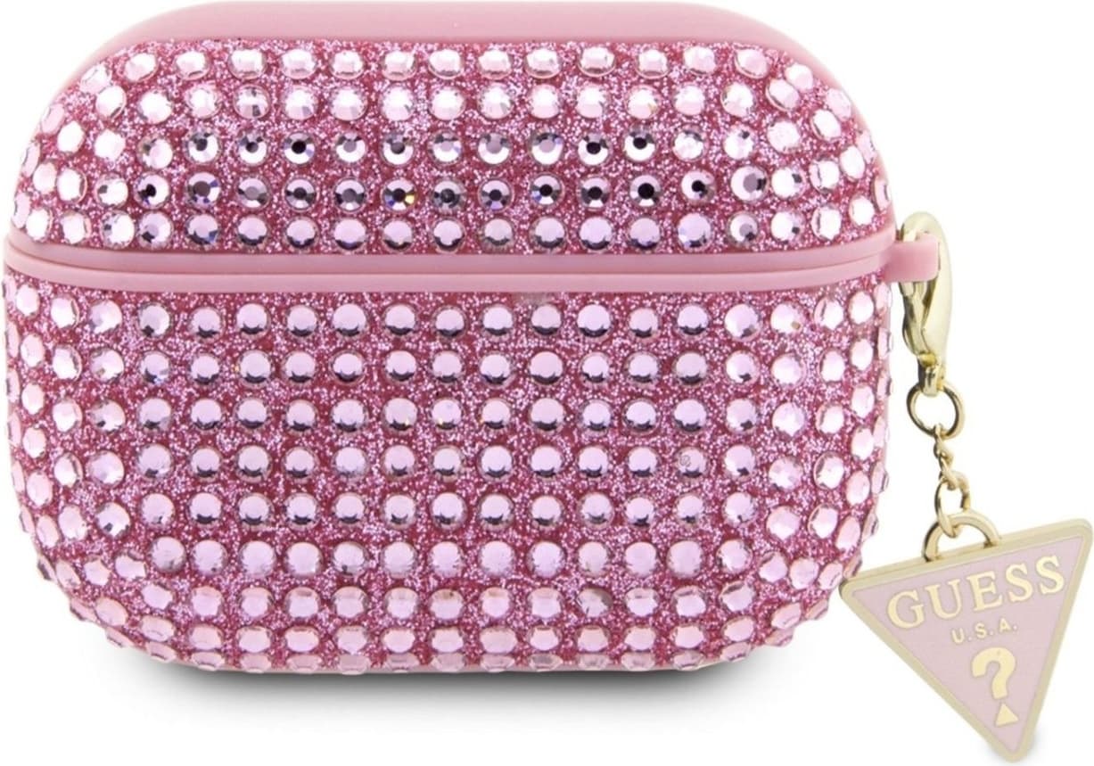 Кожен кейс с висулка за Apple Airpods Pro 2 - Guess Airpods Pro 2 Rhinestones Triangle Metal Logo Case (розов)