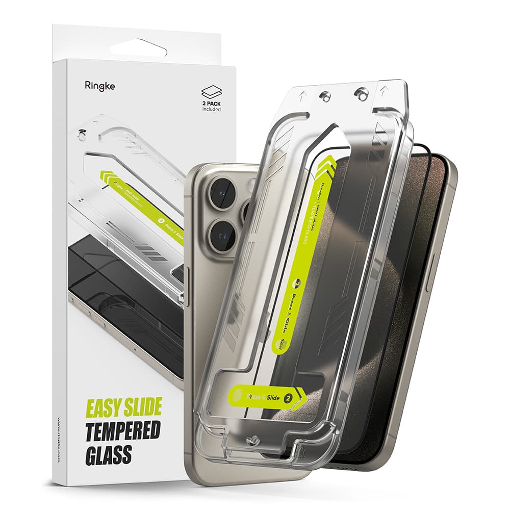 2 броя калени стъклени защитни покрития за дисплея на iPhone 15 Pro Max - Ringke Easy Slide Tempered Glass 2 Pack (черен-прозрачен)