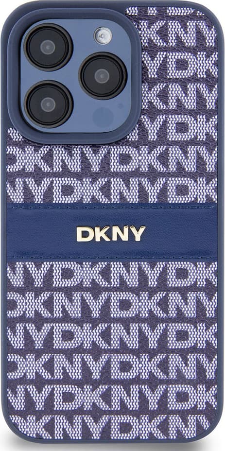 Дизайнерски кожен кейс за iPhone 15 Pro Max - DKNY Repeat Pattern Tonal Stripe Leather Hard Case (тъмносин)