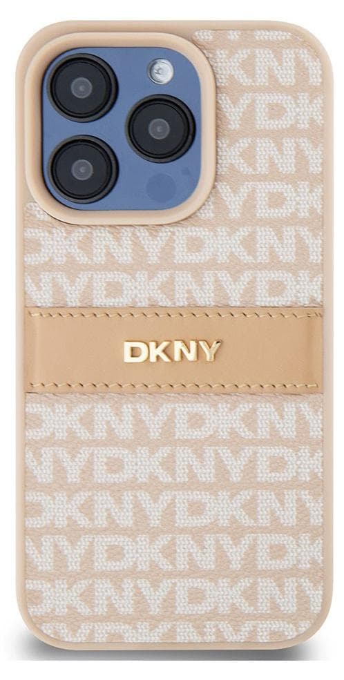 Дизайнерски кожен кейс за iPhone 15 Pro Max - DKNY Repeat Pattern Tonal Stripe Leather Hard Case (розов)