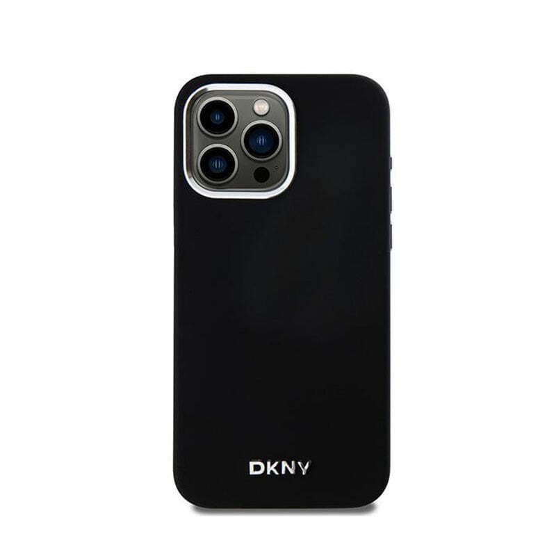 Дизайнерски силиконов кейс с MagSafe за iPhone 15 Pro Max - DKNY Liquid Silicone Silver Metal Logo MagSafe Case (черен)