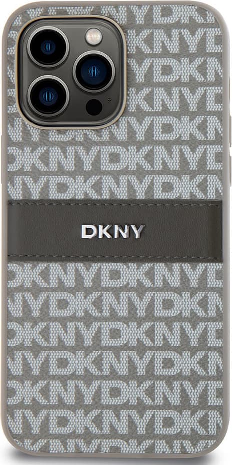Дизайнерски кожен кейс за iPhone 15 Pro Max - DKNY Repeat Pattern Tonal Stripe Leather Hard Case (бежов)