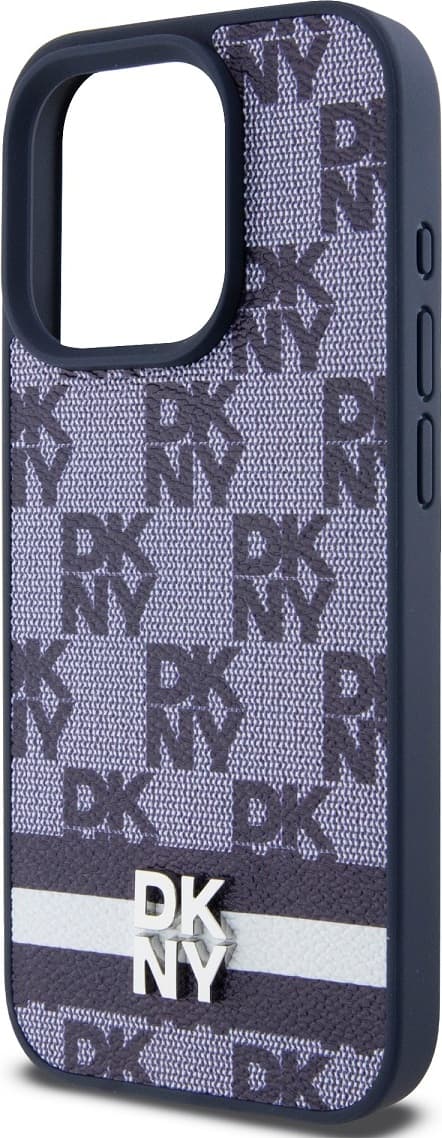 Дизайнерски кожен кейс за iPhone 15 Pro Max - DKNY Checkered Pattern and Stripe Leather Hard Case (тъмносин)