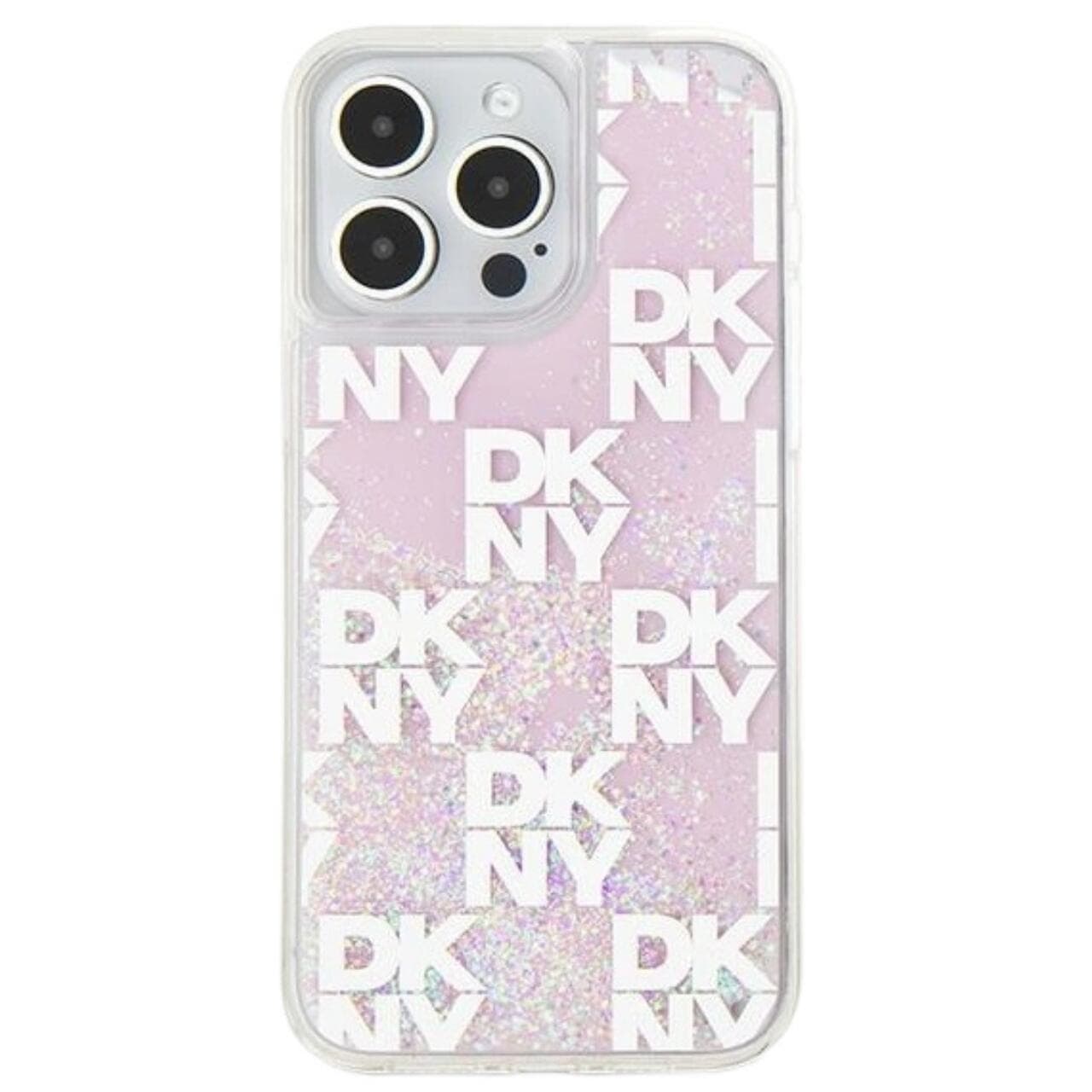 Дизайнерски кейс с висока защита за iPhone 15 Pro Max - DKNY Liquid Glitter Checkered Pattern Case (розов)