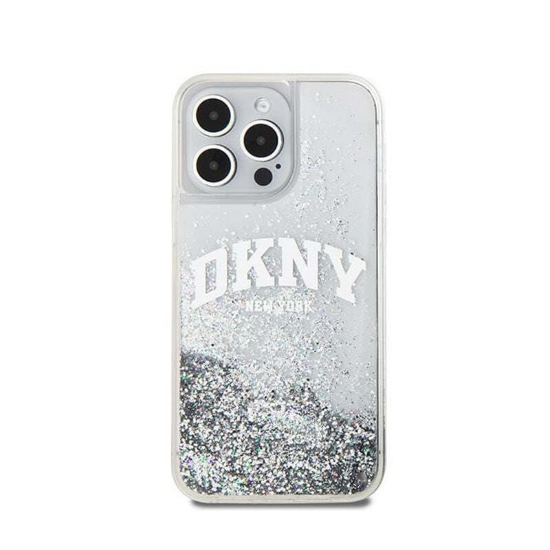 Дизайнерски кейс с висока защита за iPhone 15 Pro Max - DKNY Liquid Glitter Arch Logo Case (прозрачен)