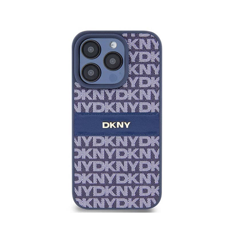 Дизайнерски кожен кейс за iPhone 15 Pro - DKNY Repeat Pattern Tonal Stripe Leather Hard Case (тъмносин)
