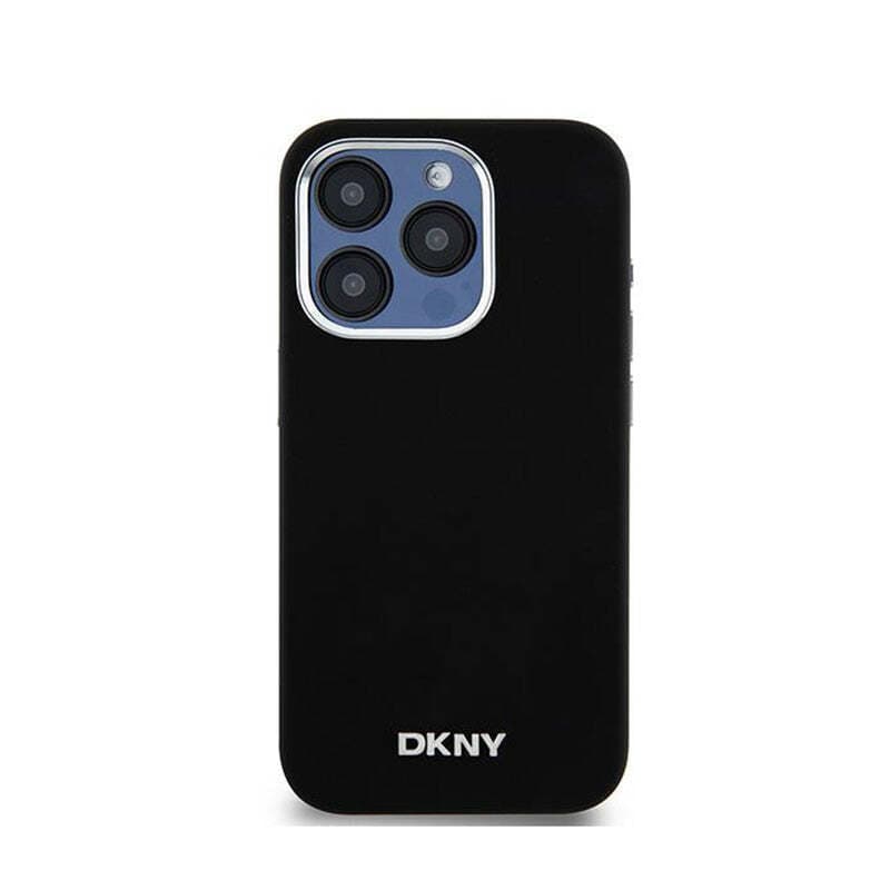 Дизайнерски силиконов кейс с MagSafe за iPhone 15 Pro - DKNY Liquid Silicone Silver Metal Logo MagSafe Case (черен)