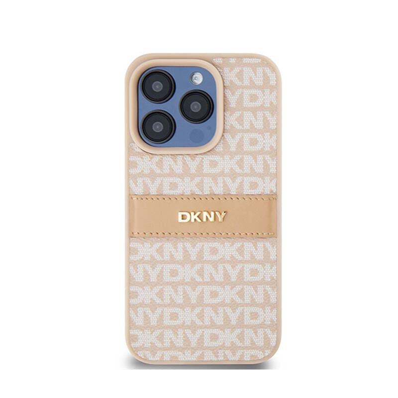 Дизайнерски кожен кейс за iPhone 15 Pro - DKNY Repeat Pattern Tonal Stripe Leather Hard Case (розов)