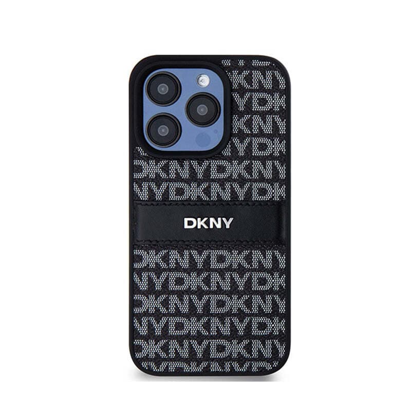 Дизайнерски кожен кейс за iPhone 15 Pro - DKNY Repeat Pattern Tonal Stripe Leather Hard Case (черен)