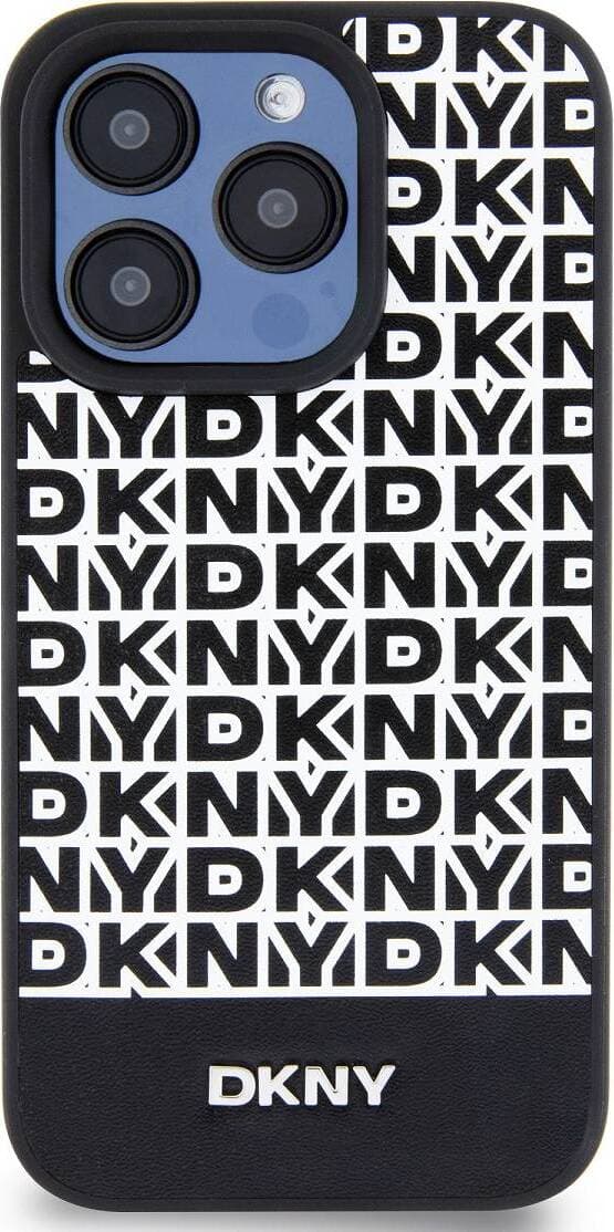 Дизайнерски кожен кейс с MagSafe за iPhone 15 Pro - DKNY Repeat Pattern Bottom Stripe MagSafe Leather Hard Case (черен)