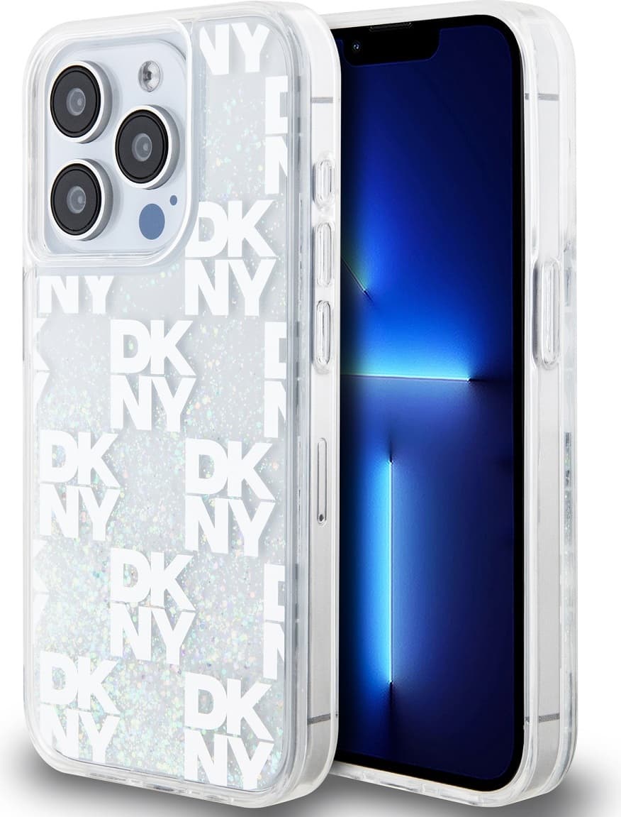 Дизайнерски кейс с висока защита за iPhone 15 Pro - DKNY Liquid Glitter Checkered Pattern Case (прозрачен)