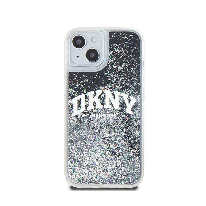 Дизайнерски кейс с висока защита за iPhone 15 - DKNY Liquid Glitter Arch Logo Case (черен)