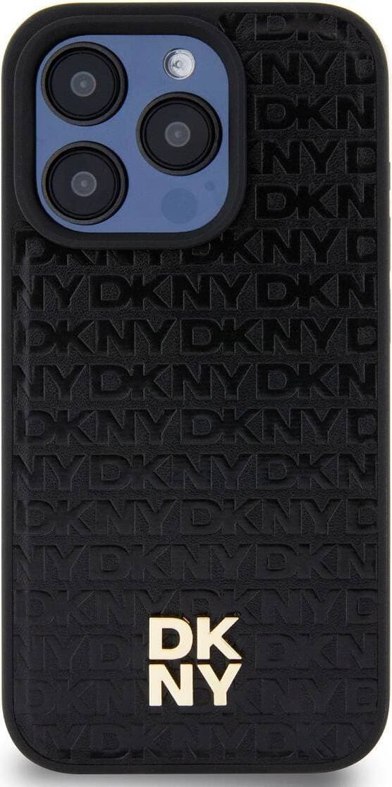 Дизайнерски кожен кейс с MagSafe за iPhone 14 Pro Max - DKNY Repeat Pattern Stack Logo MagSafe Leather Hard Case (черен)