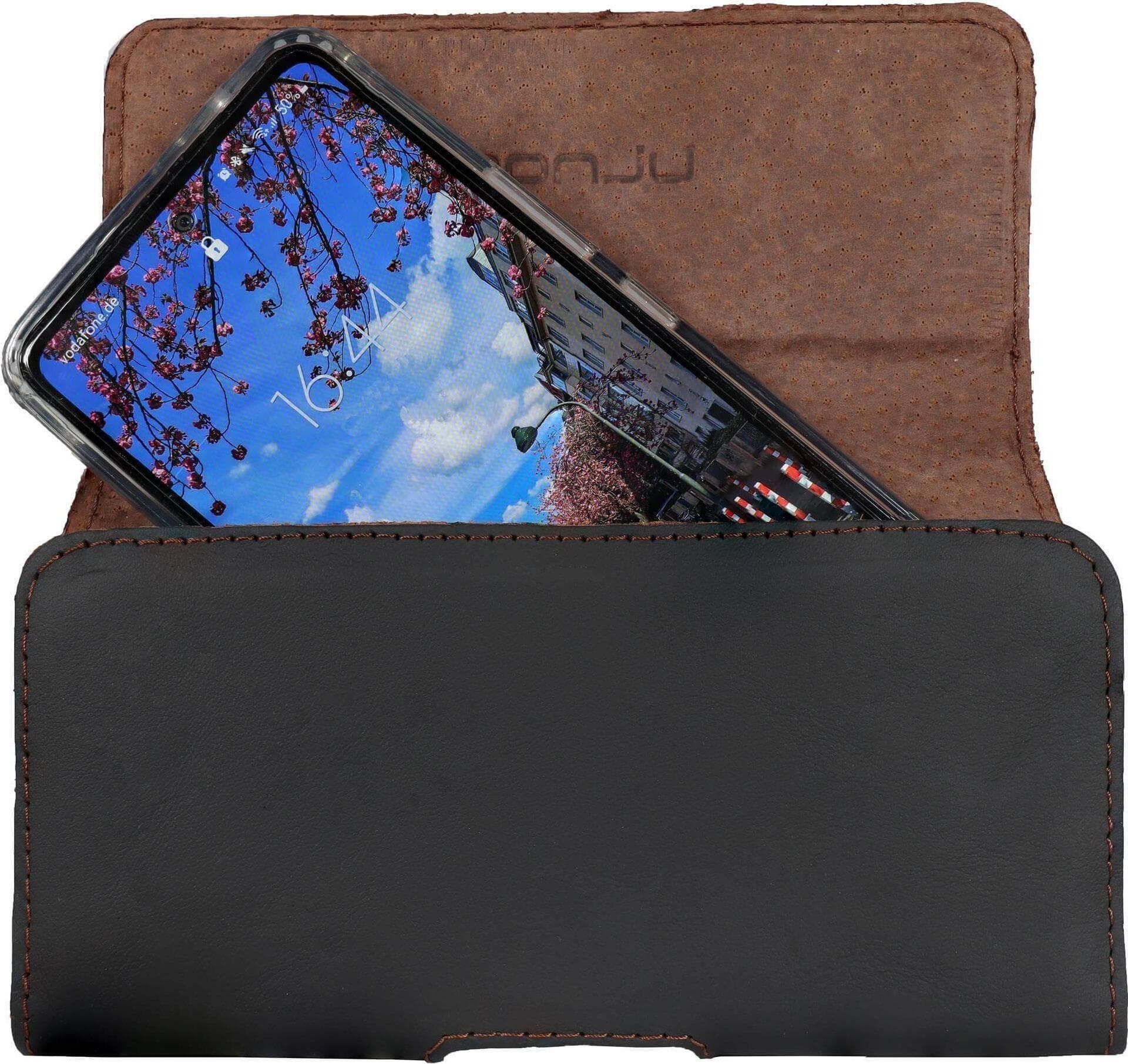 Кожен (естествена кожа) калъф за смартофни с размери до 170 x 85 мм - Honju Horizon Smooth Belt Leather Case Universal 5XL (черен)