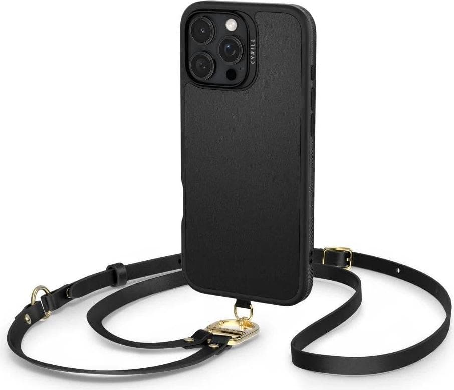 Дизайнерски кожен кейс с MagSafe и с връзка за носене за iPhone 16 Pro - Spigen Cyrill Kajuk MagSafe Case (черен)