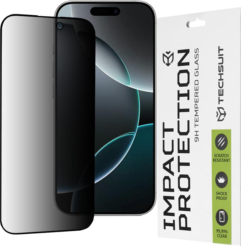 Калено стъклено защитно покритие с определен ъгъл на виждане на iPhone 16 Pro - Techsuit Privacy Full Glue Tempered Glass 111D (черен-прозрачен)