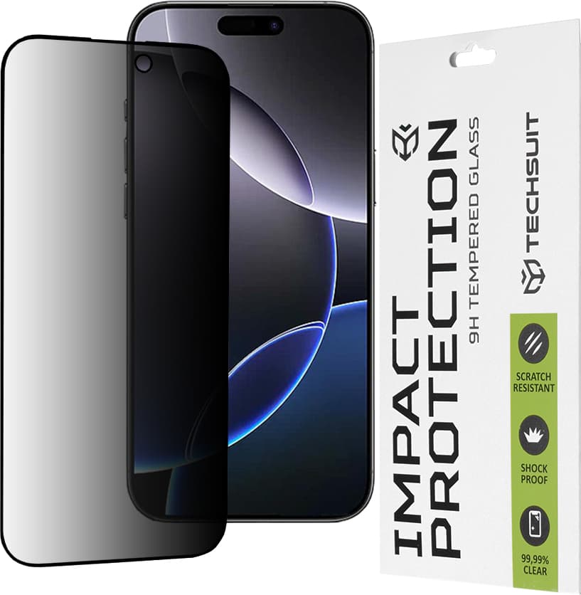 Калено стъклено защитно покритие с определен ъгъл на виждане на iPhone 16 Pro Max - Techsuit Privacy Full Glue Tempered Glass 111D (черен-прозрачен)