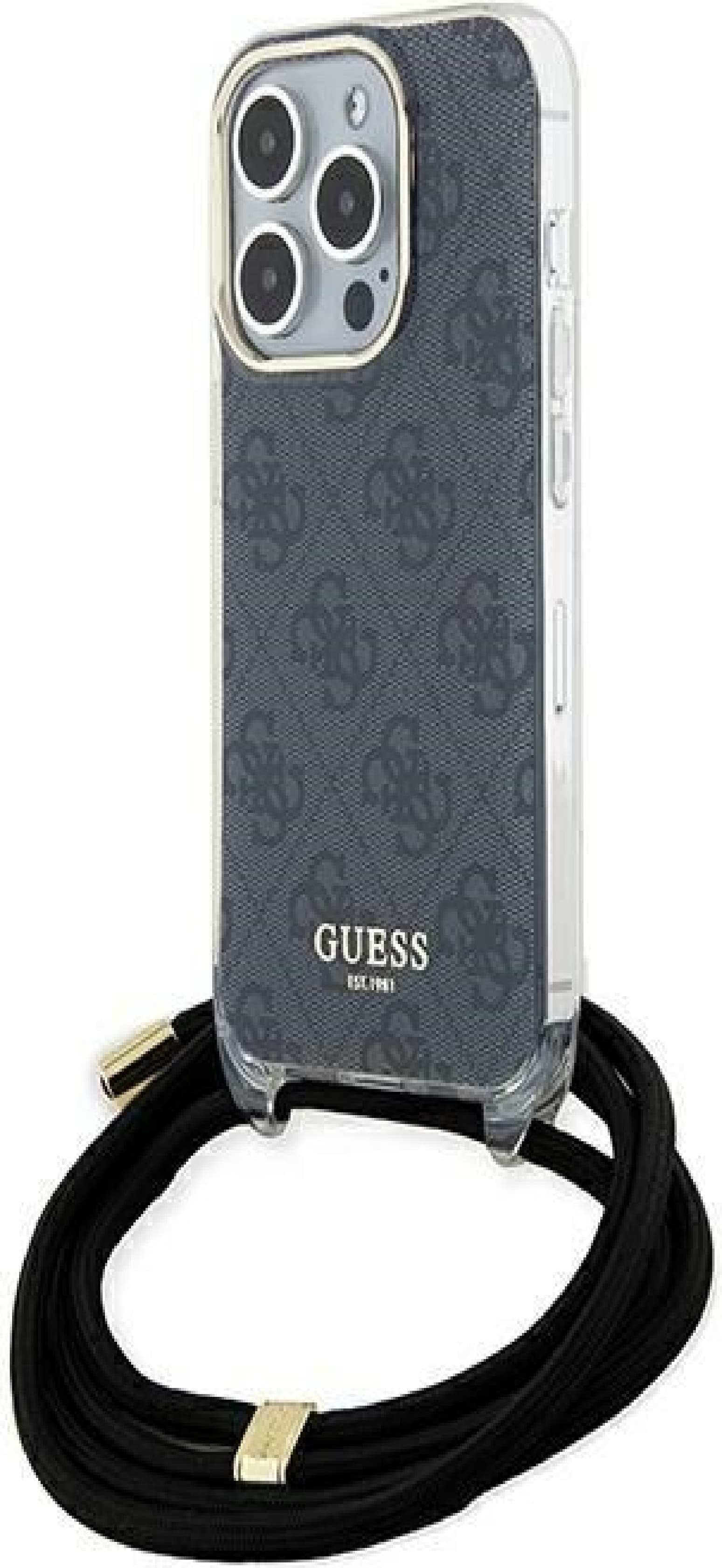 Дизайнерски кожен кейс с връзка за носене през врата за iPhone 15 Pro - Guess PU IML 4G Printed Case With Crossbody Strap (черен)