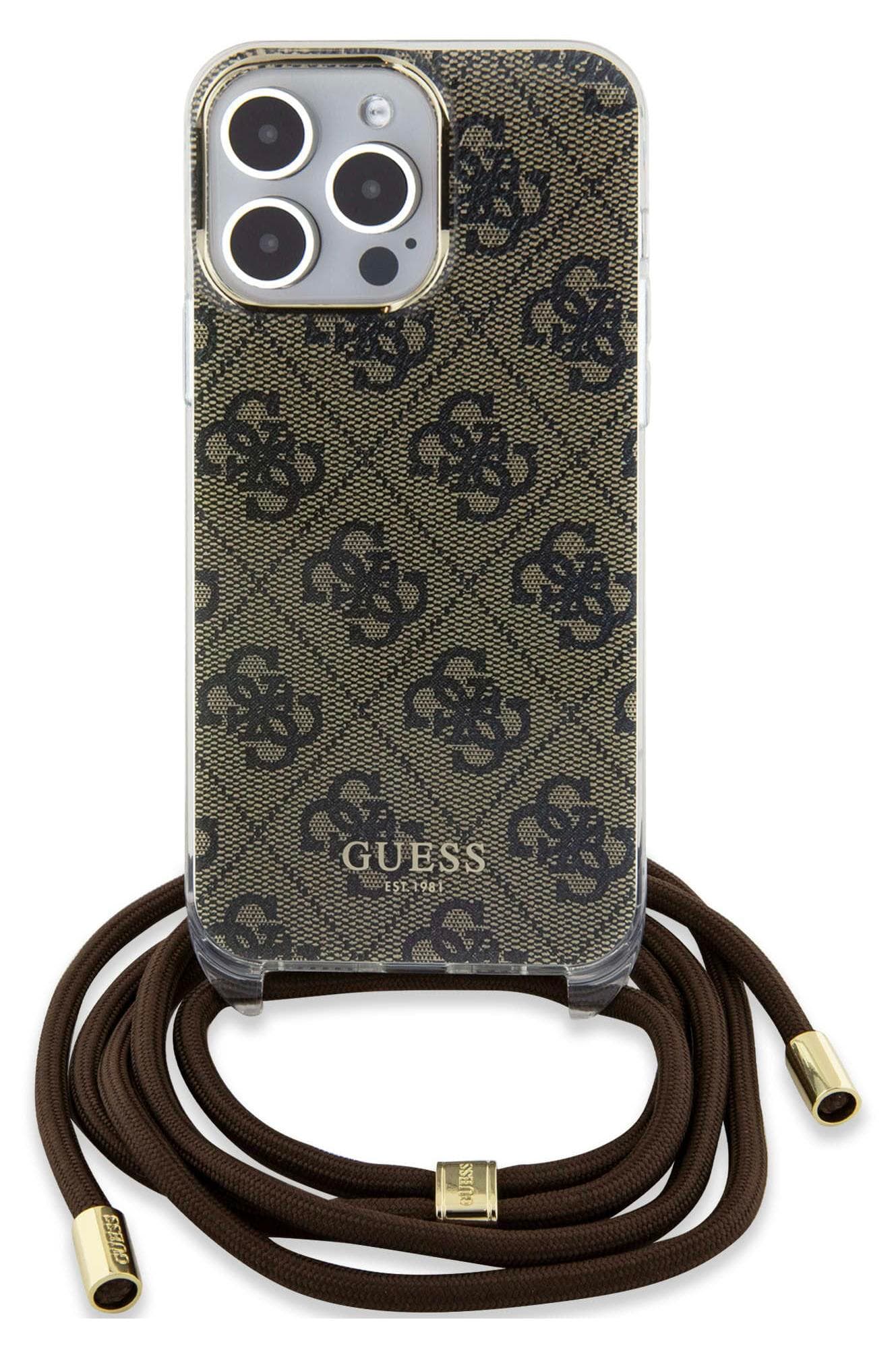 Дизайнерски кожен кейс с връзка за носене през врата за iPhone 15 Pro - Guess PU IML 4G Printed Case With Crossbody Strap (кафяв)