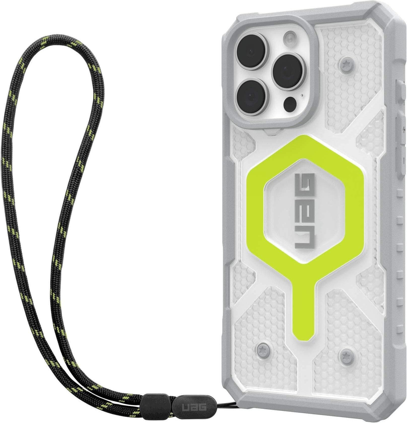 Удароустойчив хибриден кейс с MagSafe и връзка за ръка за iPhone 16 Pro Max - Urban Armor Gear Pathfinder Clear MagSafe Case (сив-зелен)