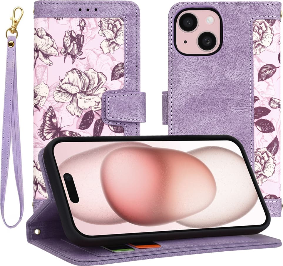 Кожен калъф, тип портфейл за iPhone 15 - Techsuit FlipCraft Wallet Leather Flip Case (лилав)
