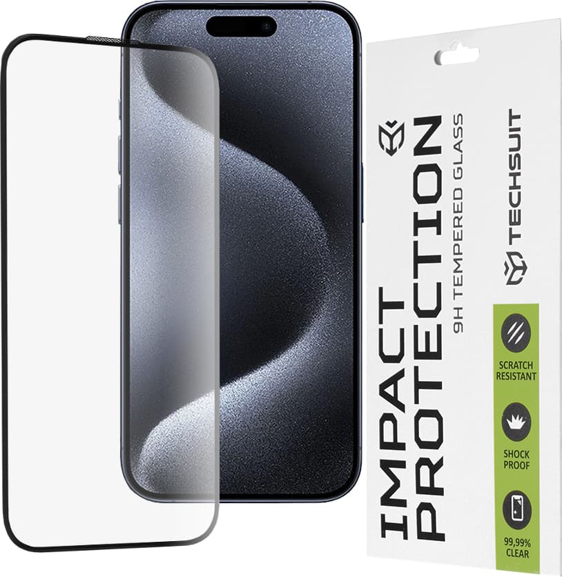 Калено стъклено защитно покритие за дисплея на iPhone 16, iPhone 15 Pro - Techsuit Full Glue Tempered Glass 111D (черен-прозрачен)