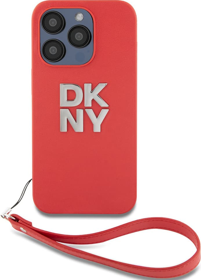 Дизайнерски кожен кейс с връзка за носене за iPhone 15 Pro Max - DKNY Stack Logo Wrist Strap Leather Hard Case (червен)