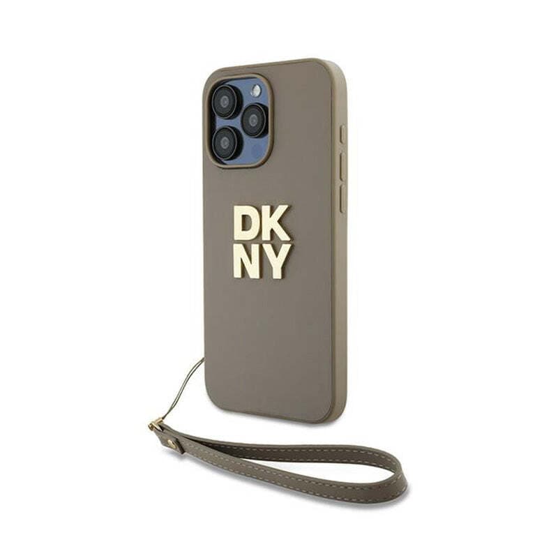 Дизайнерски кожен кейс с връзка за носене за iPhone 15 Pro - DKNY Stack Logo Wrist Strap Leather Hard Case (бежов)