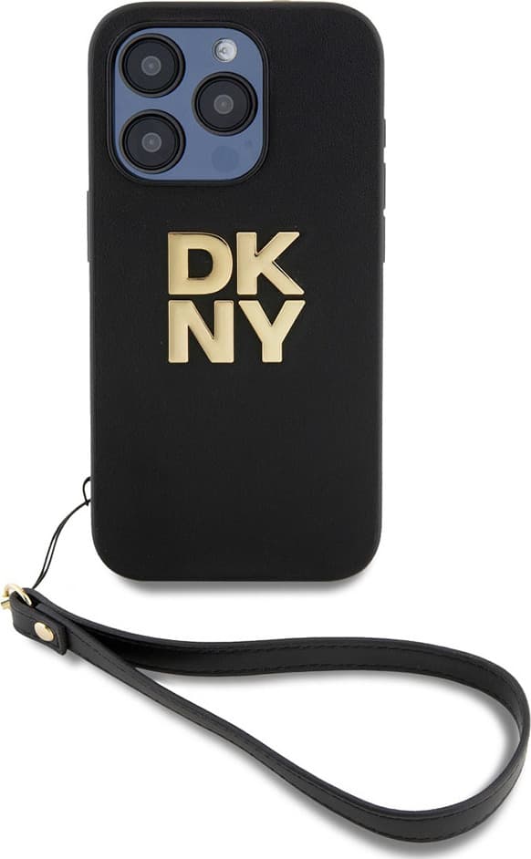 Дизайнерски кожен кейс с връзка за носене за iPhone 15 Pro - DKNY Stack Logo Wrist Strap Leather Hard Case (черен)