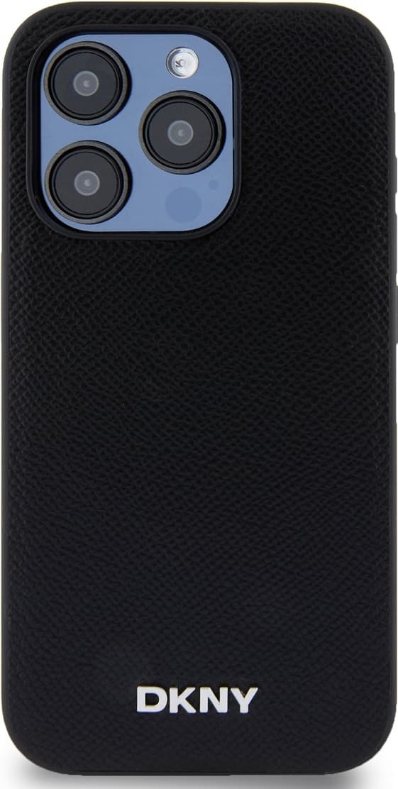 Дизайнерски кожен кейс с MagSafe за iPhone 15 Pro - DKNY Silver Metal Logo MagSafe Leather Hard Case (черен)