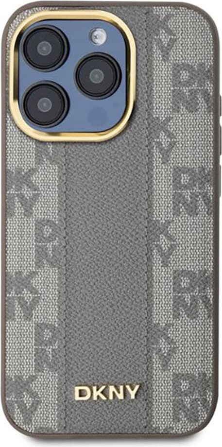 Дизайнерски кожен кейс с MagSafe за iPhone 15 Pro Max - DKNY Checkered Pattern MagSafe Leather Hard Case (бежов)
