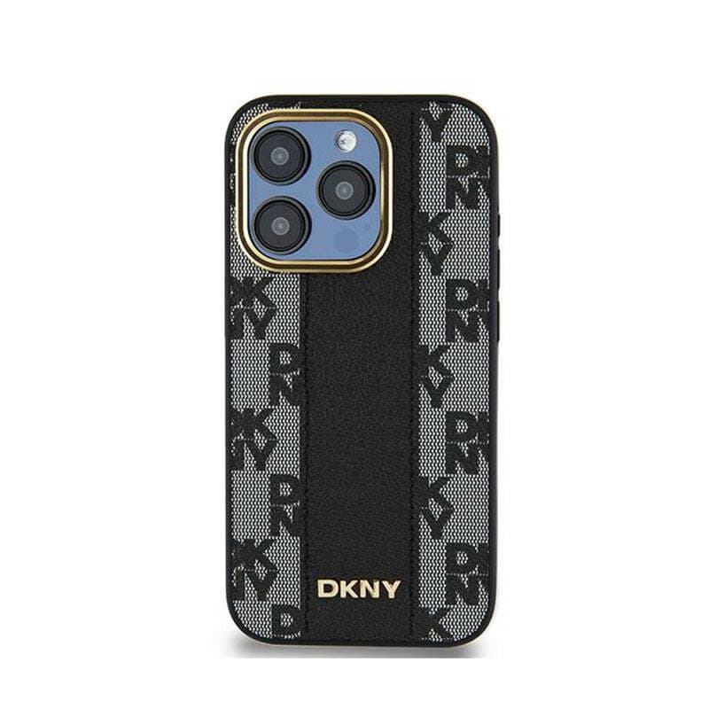 Дизайнерски кожен кейс за iPhone 15 Pro - DKNY Checkered Pattern Leather Hard Case (черен)