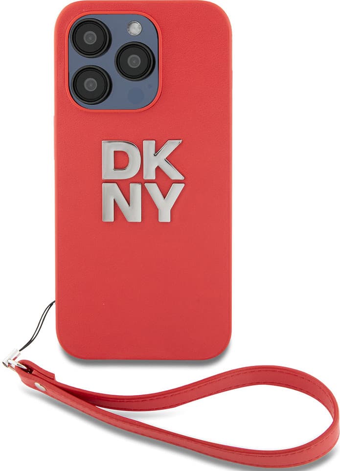 Дизайнерски кожен кейс с връзка за носене за iPhone 14 Pro - DKNY Stack Logo Wrist Strap Leather Hard Case (червен)
