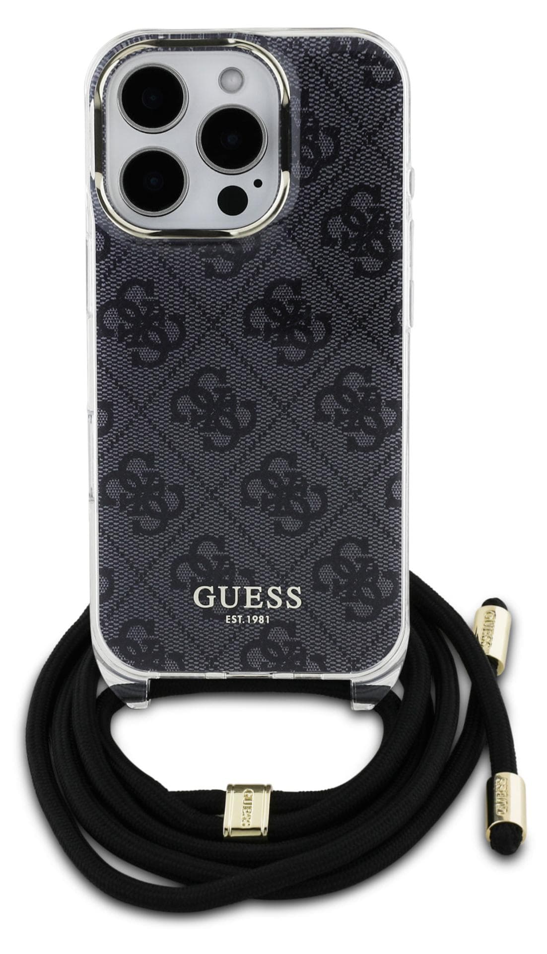 Дизайнерски кожен кейс с връзка за носене през врата за iPhone 16 Pro Max - Guess PU IML 4G Printed Case With Crossbody Strap (черен)