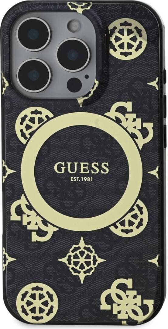 Дизайнерски кожен кейс с MagSafe за iPhone 16 Pro - Guess PU IML 4G Peony Stamp MagSafe Leather Hard Case (черен)