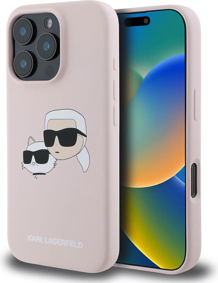 Дизайнерски силиконов кейс с MagSafe за iPhone 16 Pro - Karl Lagerfeld Liquid Silicone Double Heads MagSafe Case (розов)