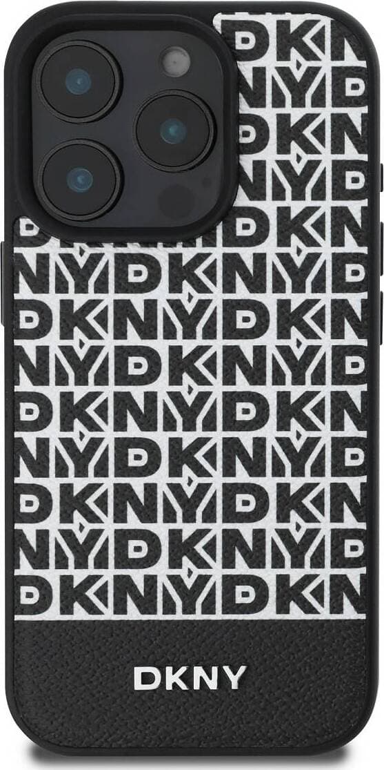 Дизайнерски кожен кейс с MagSafe за iPhone 16 Pro - DKNY PU Leather Repeat Pattern Bottom Stripe MagSafe Leather Hard Case (черен)