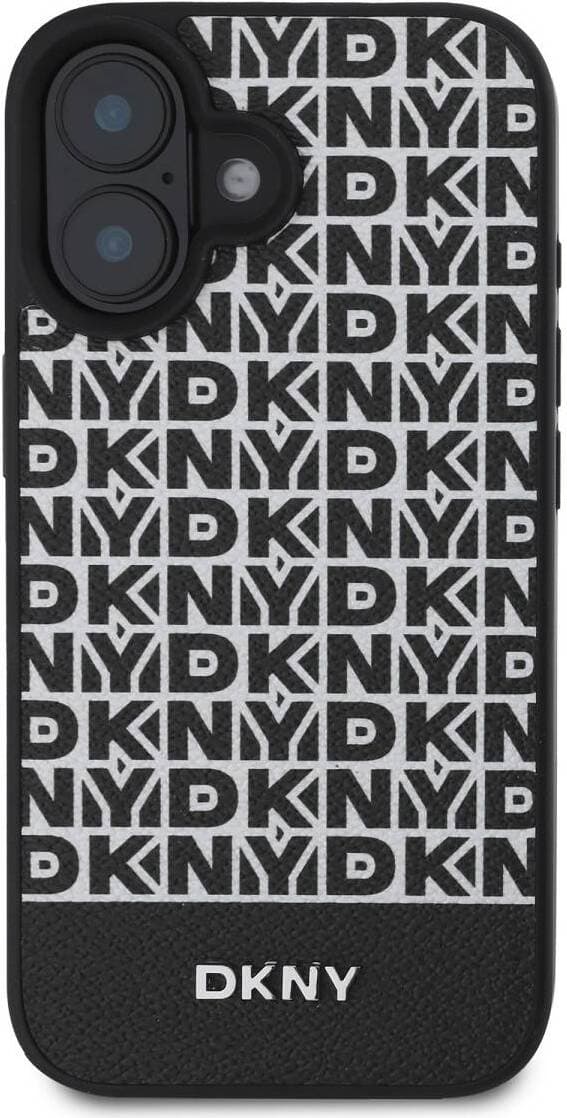Дизайнерски кожен кейс с MagSafe за iPhone 16 - DKNY PU Leather Repeat Pattern Bottom Stripe MagSafe Leather Hard Case (черен)