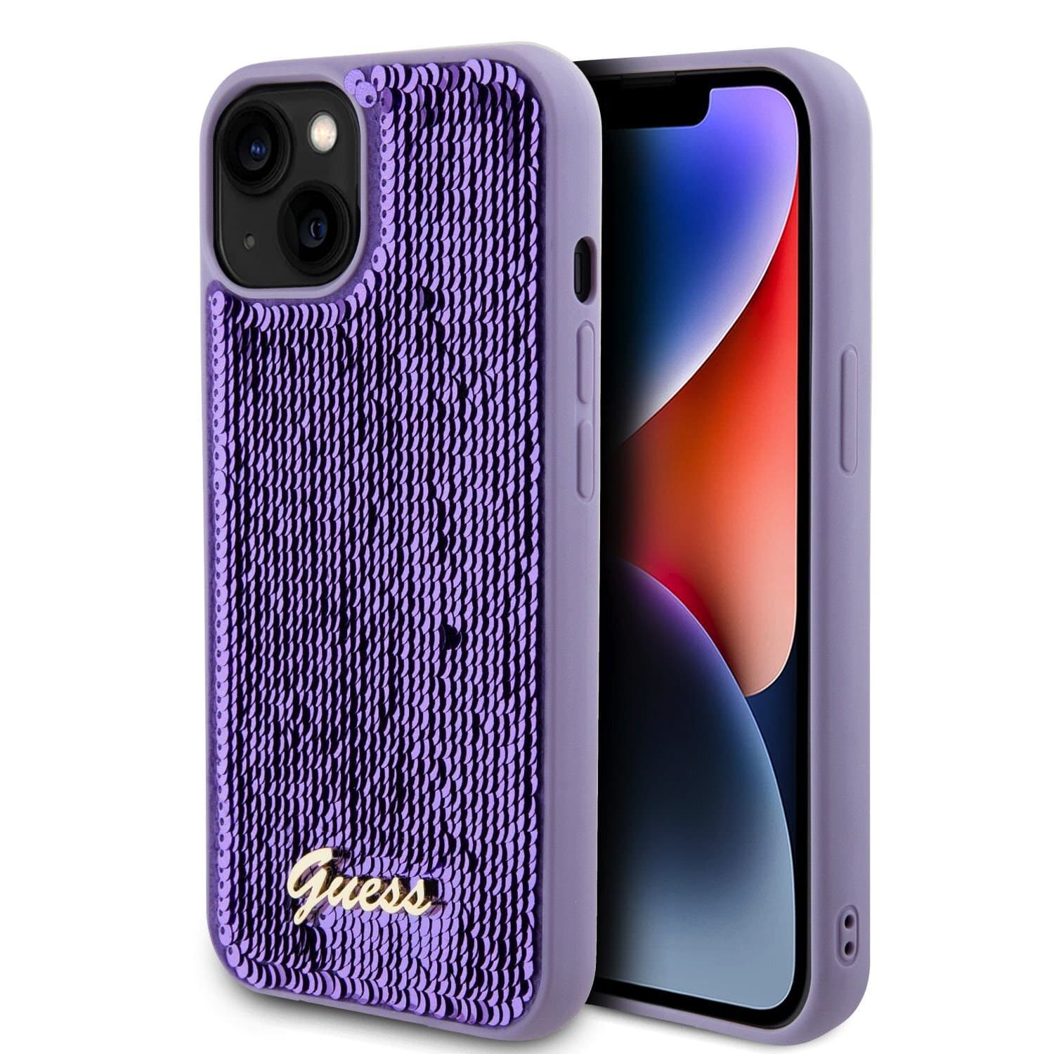 Дизайнерски силиконов кейс за iPhone 13 - Guess Sequin Script Logo Case (лилав)