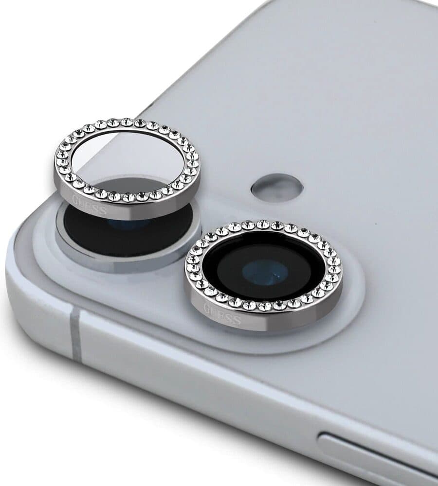 Предпазни стъклени лещи с кристали за камерата на iPhone 16, iPhone 16 Plus - Guess Fixed Glliter Tempered Glass Camera Lens Protector (сребрист)