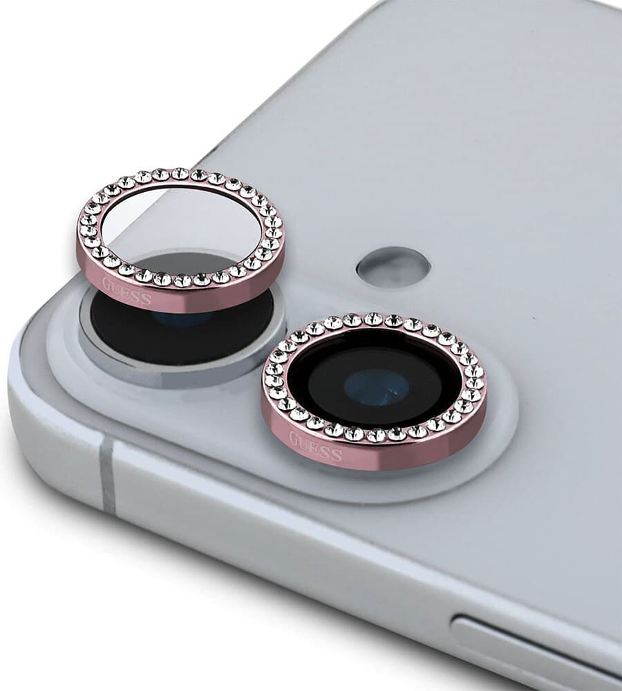 Предпазни стъклени лещи с кристали за камерата на iPhone 16, iPhone 16 Plus - Guess Fixed Glliter Tempered Glass Camera Lens Protector (розов)