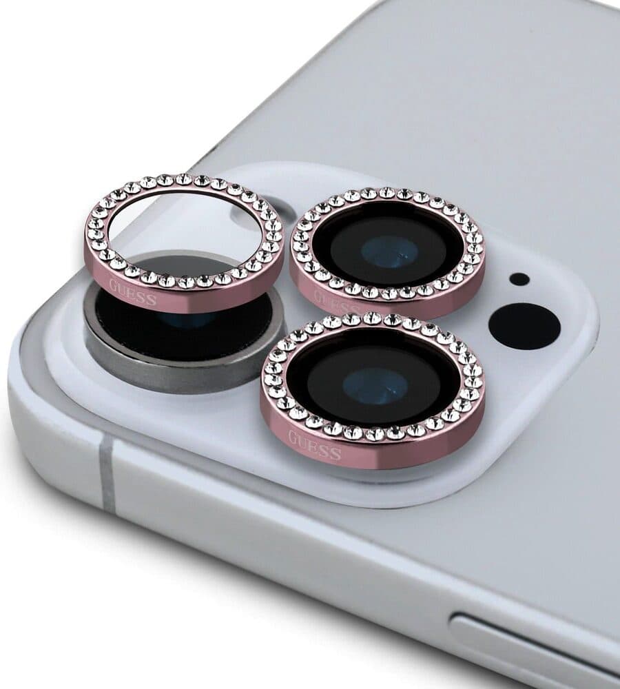 Предпазни стъклени лещи с кристали за камерата на iPhone 16 Pro, iPhone 16 Pro Max - Guess Fixed Glliter Tempered Glass Camera Lens Protector (розов)