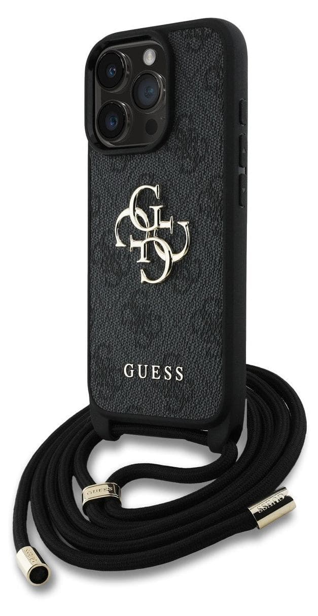 Дизайнерски кожен кейс с връзка за носене през врата за iPhone 16 Pro Max - Guess PU 4G Metal Logo Crossbody Strap Case (черен)