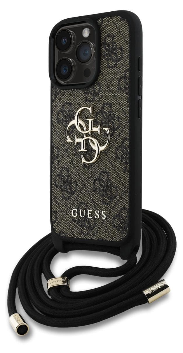 Дизайнерски кожен кейс с връзка за носене през врата за iPhone 16 Pro - Guess PU 4G Metal Logo Crossbody Strap Case (кафяв)