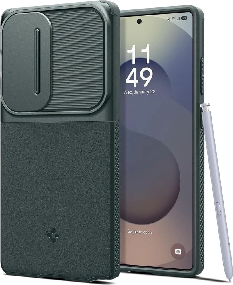 Тънък качествен силиконов (TPU) калъф с капак за камерата за Samsung Galaxy S25 Ultra - Spigen Optik Armor Case (зелен)