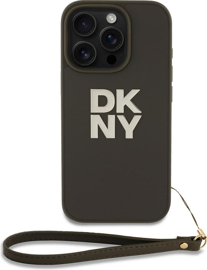 Дизайнерски кожен кейс с връзка за носене за iPhone 16 Pro Max - DKNY Stack Logo Wrist Strap Leather Hard Case (тъмнозелен)